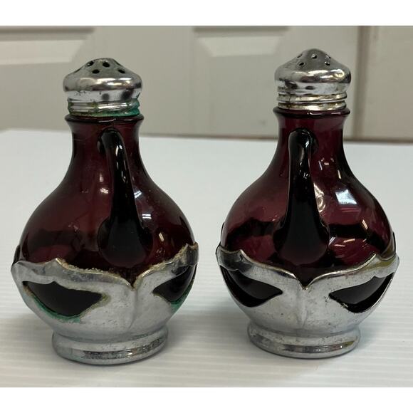 1930s Amethyst Cambridge Glass Insert Krome-Kraft Salt & Pepper Shakers AAA3278 - Picture 12 of 16